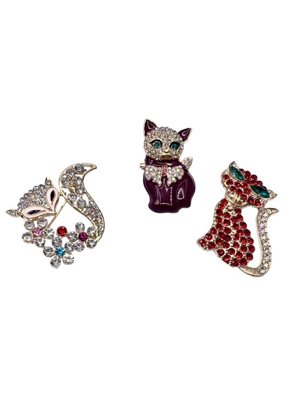 Rhinestone Cat & Fox Brooch Set- 3 Crystal Enamel Pins Elegant Gold-Tone Jewelry